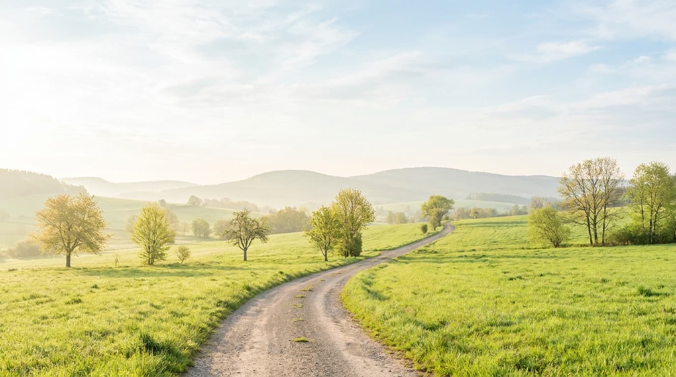 Ein heller Weg durch grüne Thüringer Hügel im Morgenlicht